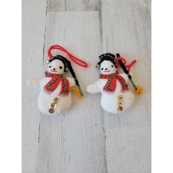 Embroidered felt Frosty Snowman broom top hat ornament Xmas set - Picture 1 of 8
